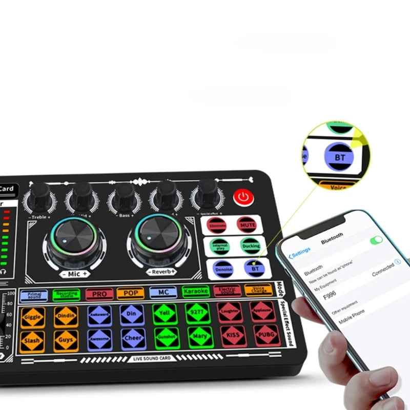 F999 Mixer Podcast Sound Board Live Sound Card for Live Recording Home KTV