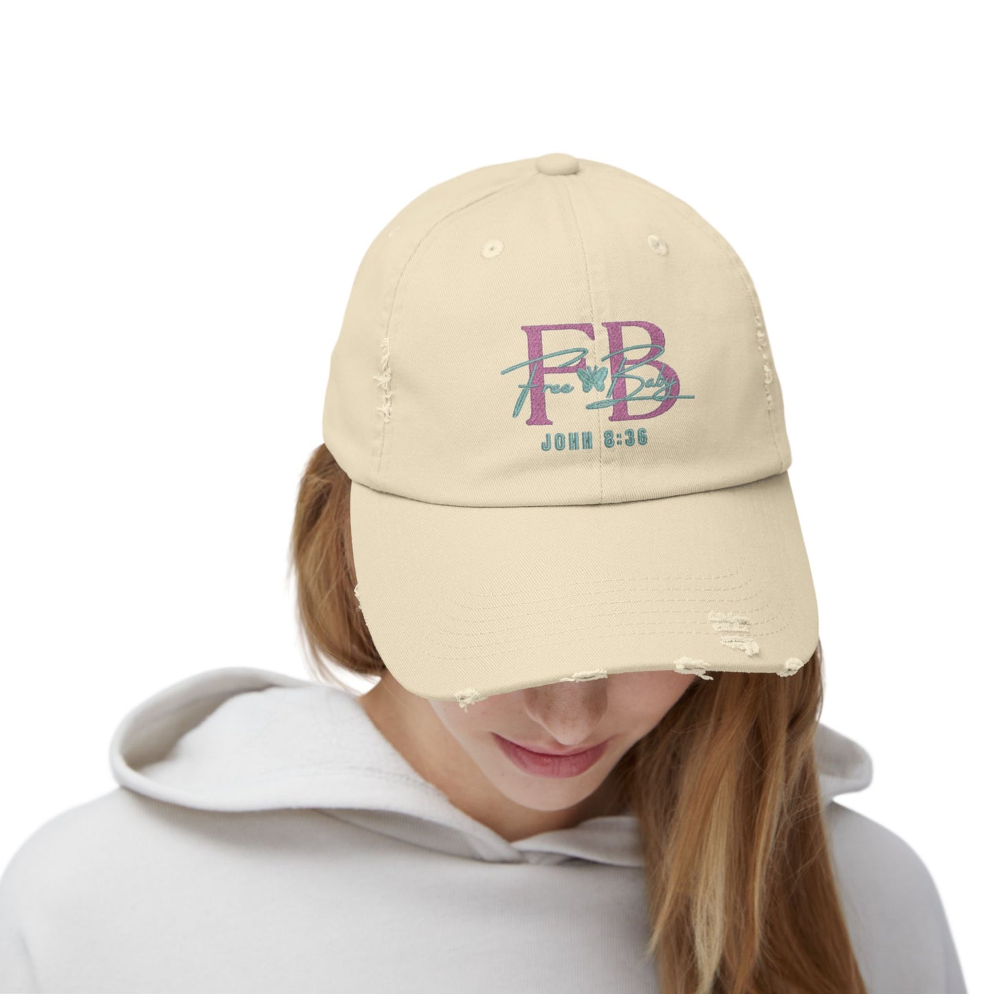 Free-Baby Distressed Cap with Inspirational Design, Faith-Based Hat, Christian Apparel, Casual Summer Accessory, Gift for Believers