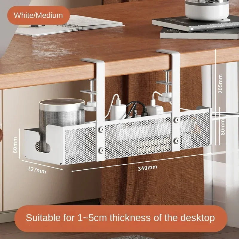 No-drill under-desk cord rack: metal mesh, high-load cable holder.