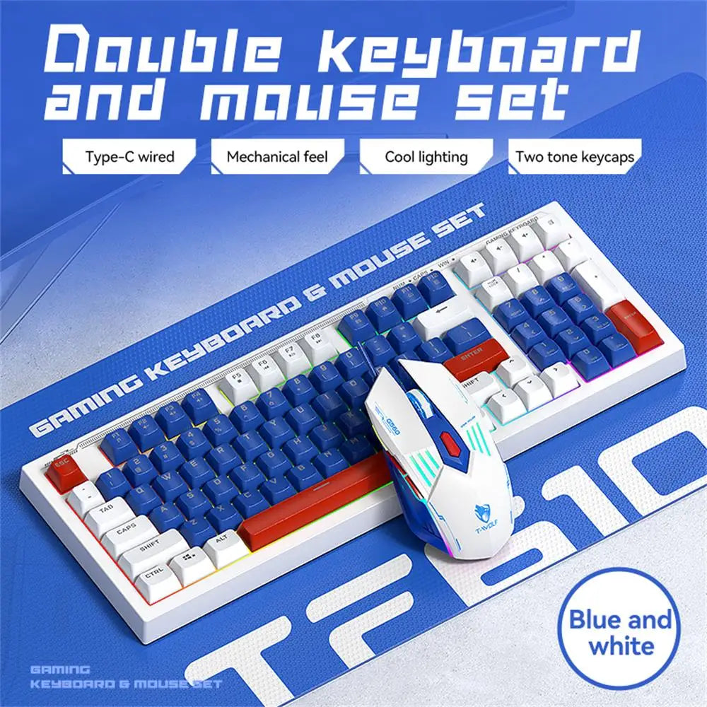 T-WOLF TF610 Keyboard and Mouse Game Keyboard and Mouse Set Mech Style Wired Esports Double Color White and Blue