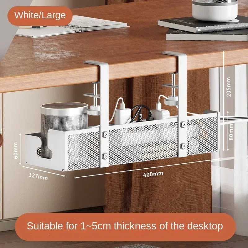 No-drill under-desk cord rack: metal mesh, high-load cable holder.