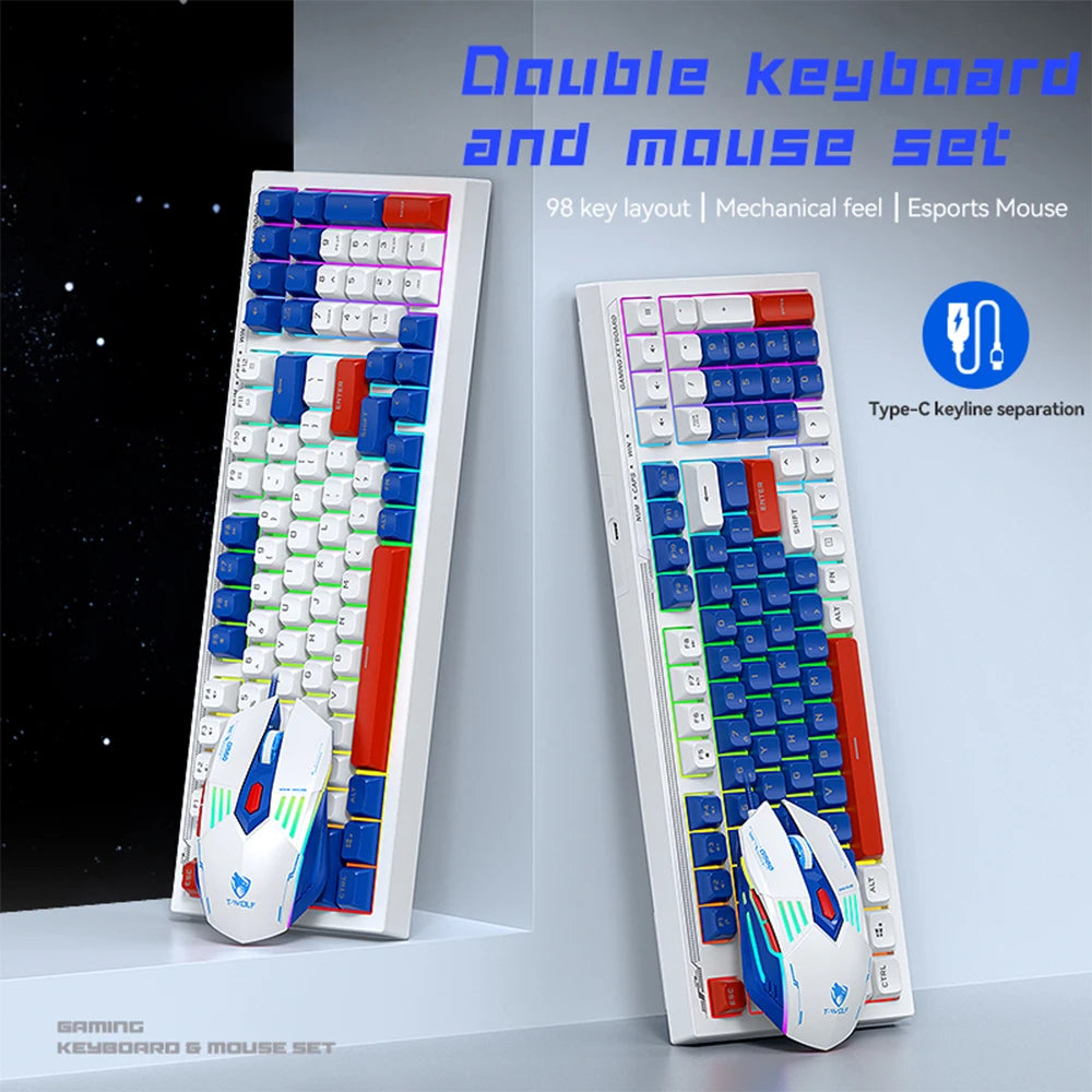 T-WOLF TF610 Keyboard and Mouse Game Keyboard and Mouse Set Mech Style Wired Esports Double Color White and Blue