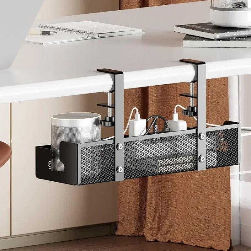 No-drill under-desk cord rack: metal mesh, high-load cable holder.
